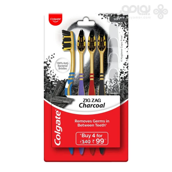 مسواک زغالی کلگیت مدل ZIG ZAG CHARCOAL با برس نرم بسته 4 عددی